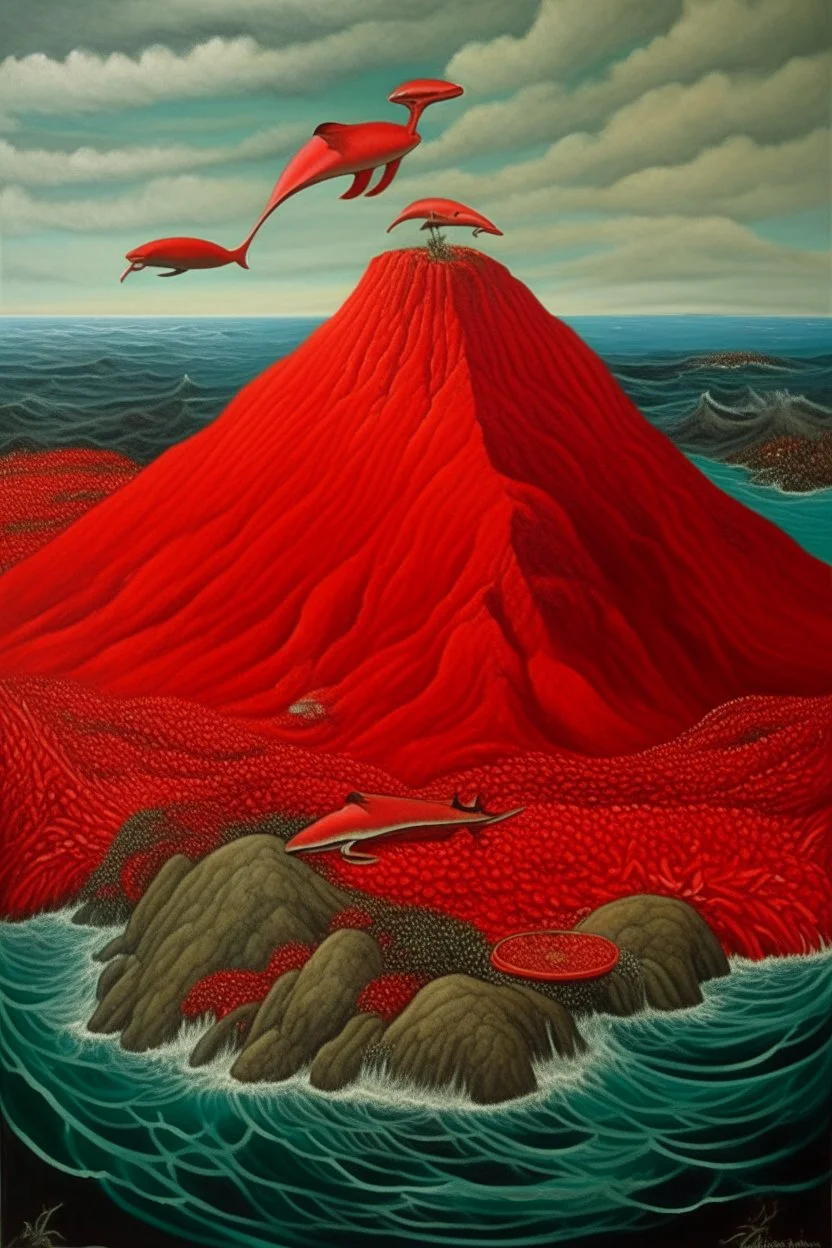 A red volcanic island with dolphins painted by Peter Carl Faberge