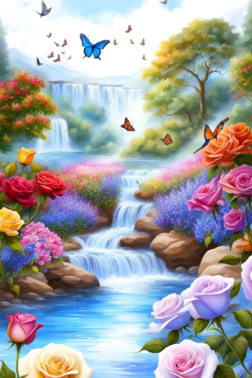 Trés belles roses, rainbows, beautiful colors gardens , flowers, cascades,Birds, butterfly