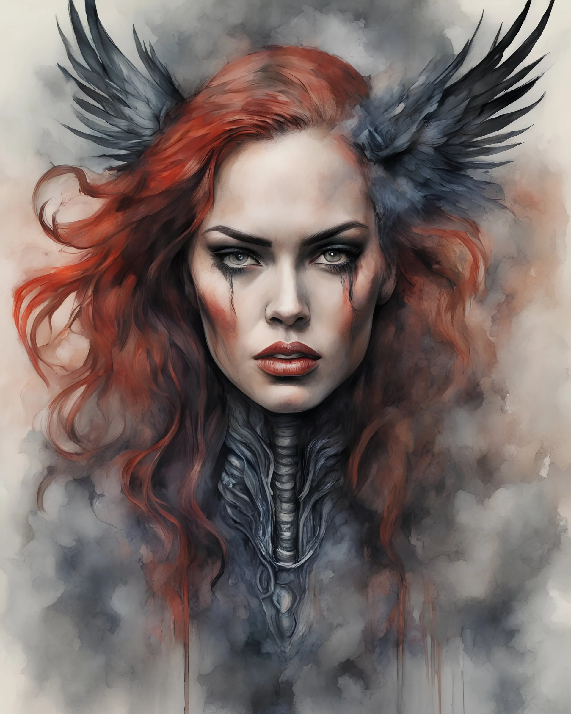 Megan Fox ,Hans Ruedi Giger style of painter watercolor A wounded Phoenix bird in theb Hans Ruedi Giger style of painter watercolor work subject women eye candy ginger hair vampirePhoenix bird Red hair, sullen, unhappy expression, sour. Hate. Distrust. Seeping shadows like smoke come out gray all. Full body. . Arms down at her sides women adult. Nineteen.watercolor work Ginger hair Megan Fox work Hans Ruedi Giger style Raven Red hair, sullen, unhappy expressio