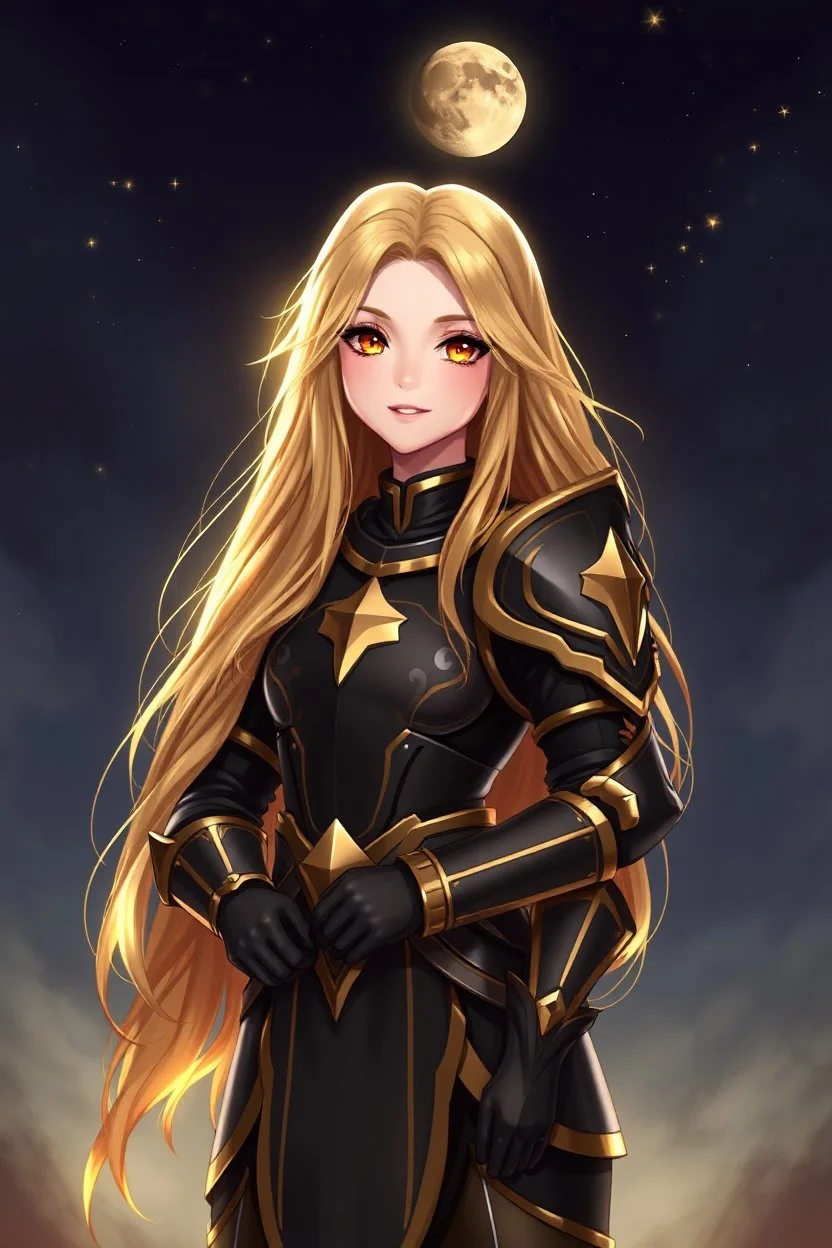 SUPER PRETTY GIRL, DRESSED WITH A BLACK-GOLD SMALL ARMOUR, GOLDEN LONG HAIRED, GOLDEN EYES, GREATH SMILE, BIG BUBS, NICE BODY, STAY ON DARKNESS CASTLE, STARS SKY, MOON, LEGENDARY WARRIOR, POWERED GIRL, A GOLDEN GLOW AROUND HER BODY.