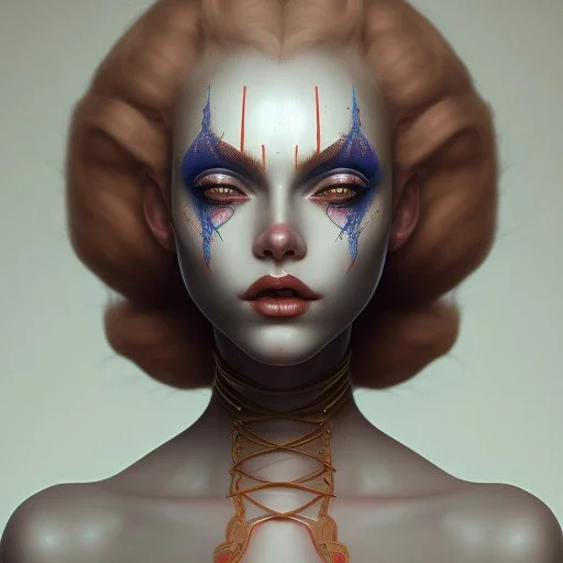 clown girl, smooth soft skin, symmetrical, soft lighting, detailed face, concept art, digital painting, looking into camera