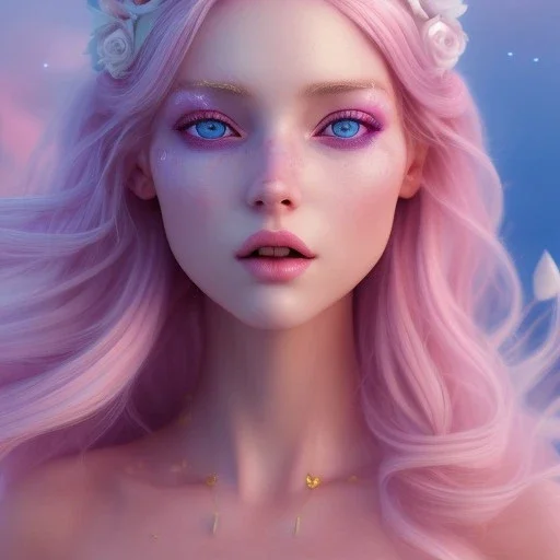 fairy, pink, blonde hair, beautiful, whole face, whole top hair head, wide open blue eyes, hyperrealism, masterpiece, expert, cinematic lighting, sharp focus, 8K, pastel, macro lens, woman, detailed, flower