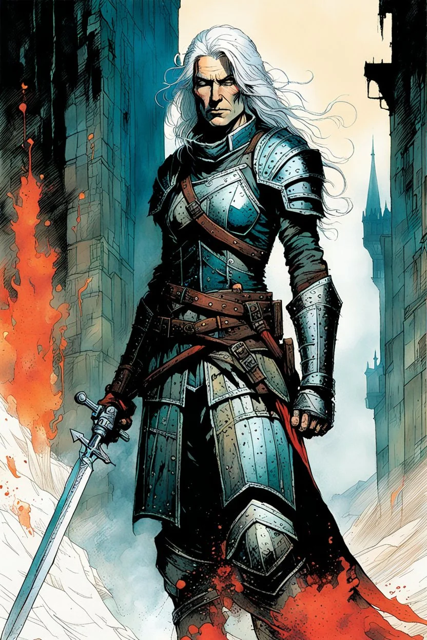 create an imaginative full body print illustration of an ethereal, otherworldly haggard, scarred, and grim, ghost haired, female grandmaster Witcher in Kaer Morhen armor , in the comic book art style of Bill Sienkiewicz, Mike Mignola, and Jean Giraud Moebius, with highly detailed feminine facial features , finely drawn, colored and inked,