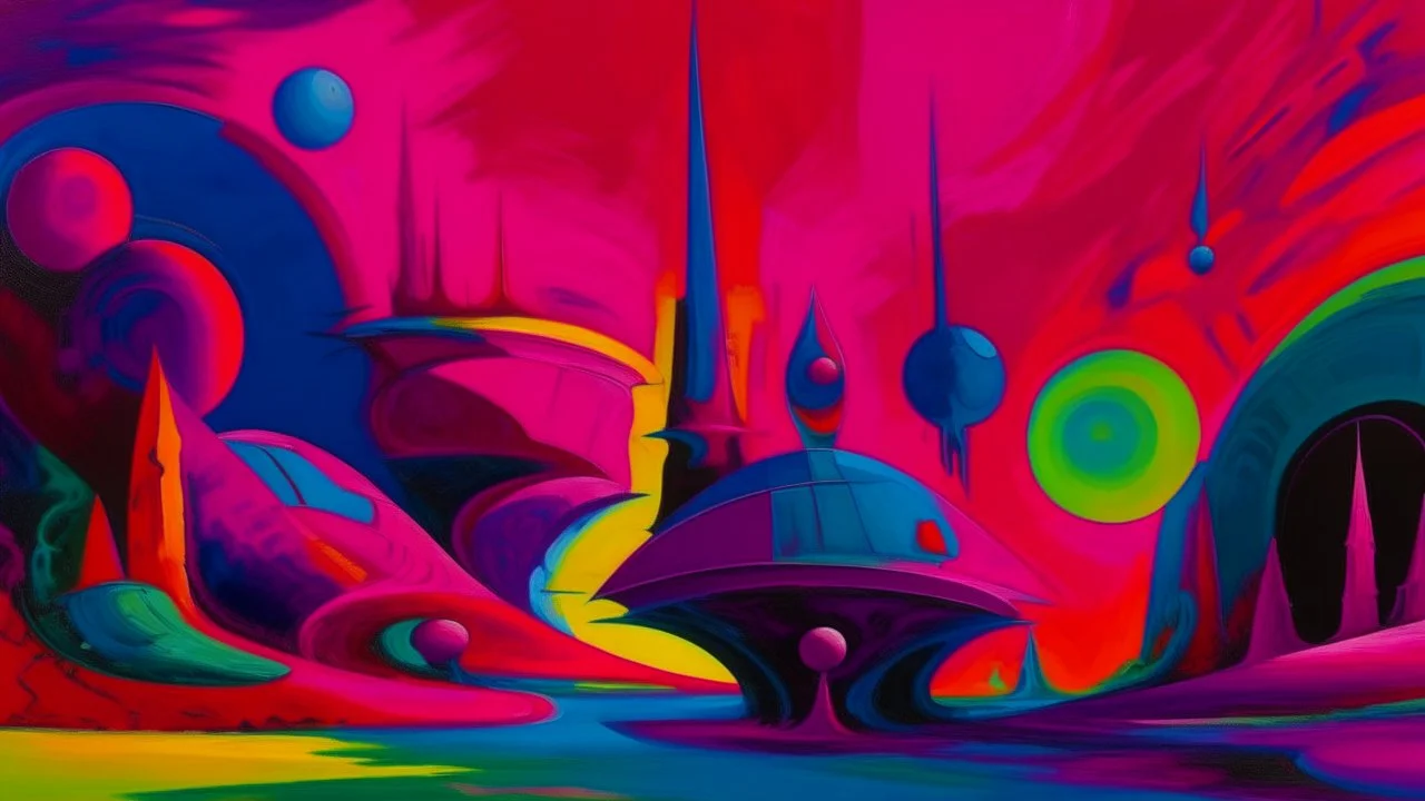 A purplish magenta dream realm with spaceships painted by Alexej von Jawlensky