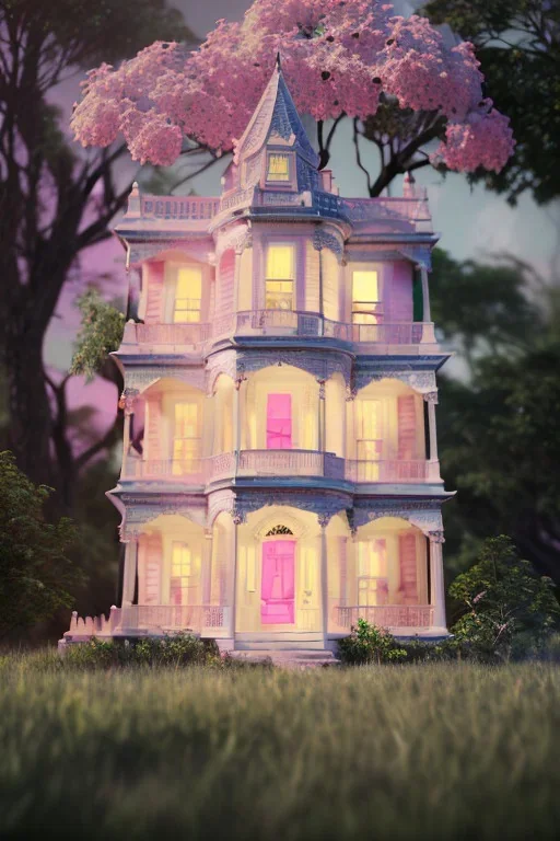 Victorian small white house with pink flowers, in the style of Camilla d'Errico, hyper detailed, beautiful, complex, trending on artstation, cinema4d, cryengine, national geographic photo, chiaroscuro