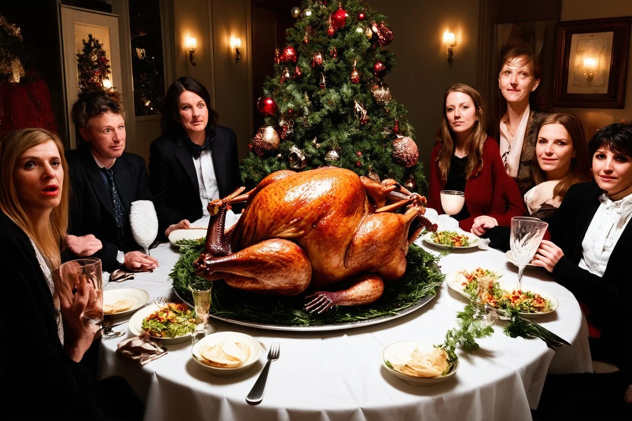 Christmas dinner table with extended family in sitting politely around table with a large oozing roasted turkey on a platter with a baby xenomorph bursting from out of the turkey, visceral, unsettling, by Joel-Peter Witkin and Laurie Lipton, color photograph, weirdcore, sharp focus, dynamic lighting, 8K resolution