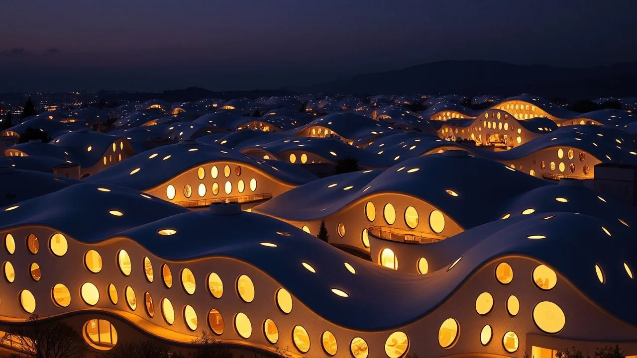 A complex of buildings with wave-inspired, curved designs crafted from luminescent materials that glow softly in the dark. The surfaces are adorned with numerous oval windows, creating a harmonious blend of form and function. Award-winning photograph, beautiful composition, exquisite detail and illumination