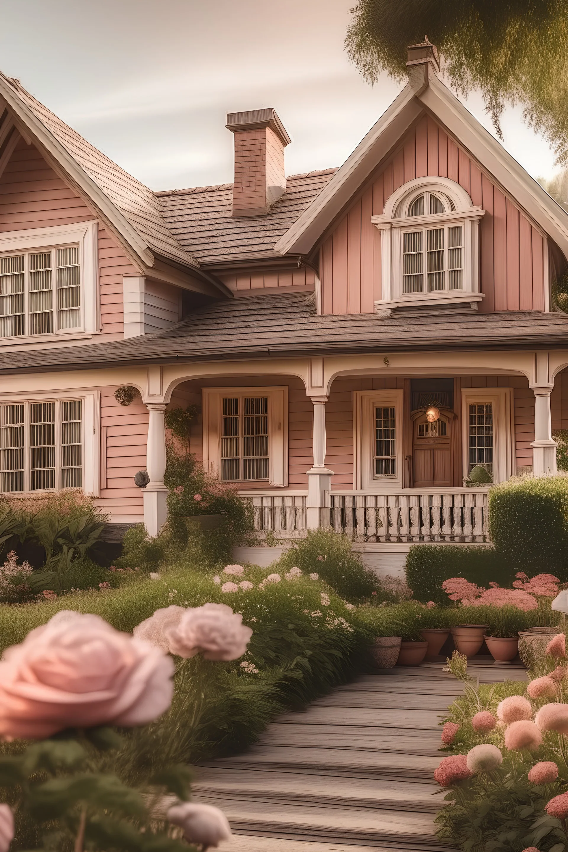 vintage style home with a cottage feel with pops of light pink flowers outside of house realistic