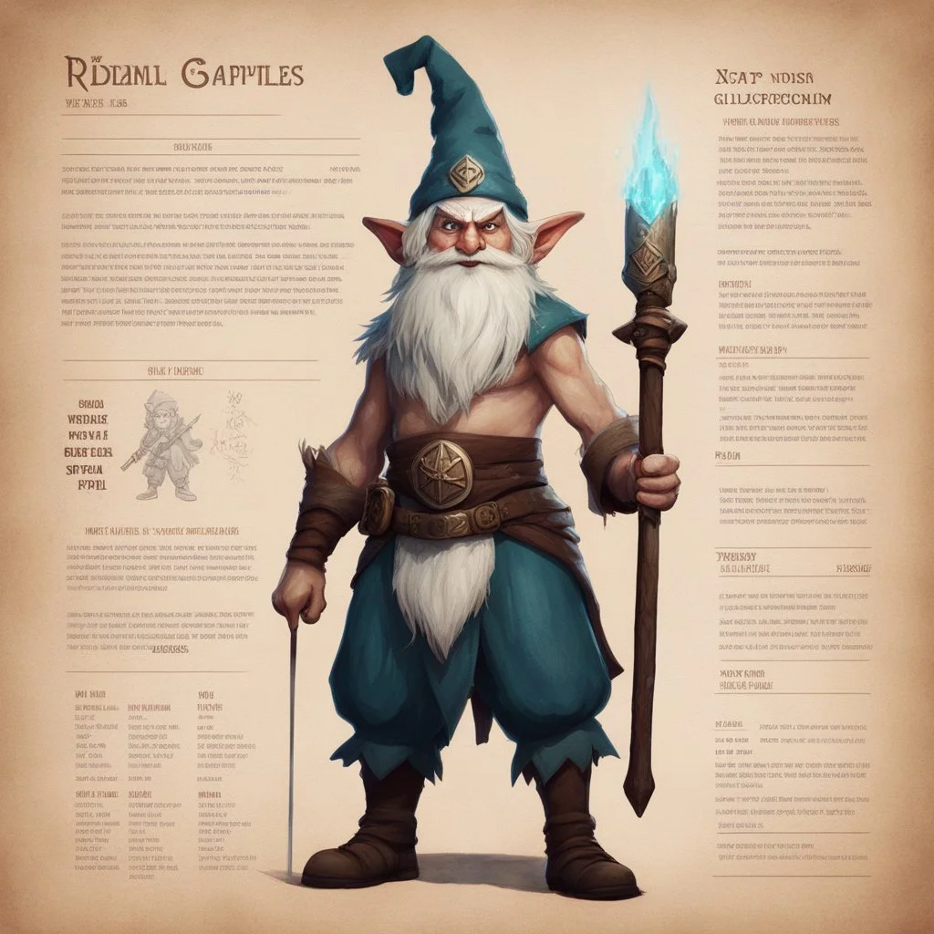 character concept sheet with AD&D statistics and characteristics, [vintage style noisy scratches glitches, Shot the texture and then rewound the film and double exposed the face] wizard woman gnome, shirtless, with a staff, focus on her best spell