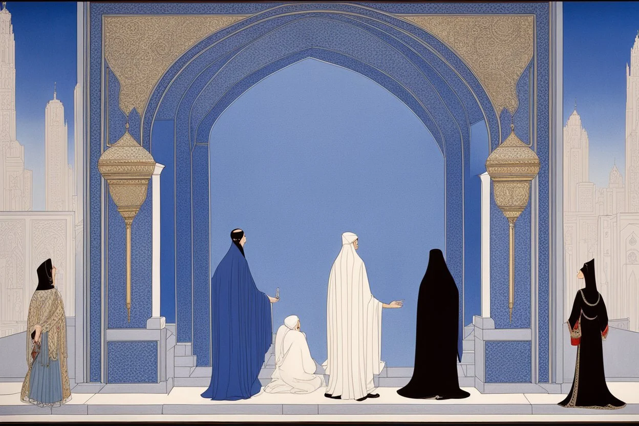 an open gothic_Arab gate in a blue-tiled wall with a view of an old city by artist "Beardsley",by artist "Rachman",by artist "Kay Nielson",by artist "Bertha Lum",by artist "Dulac",by artist "Erte"