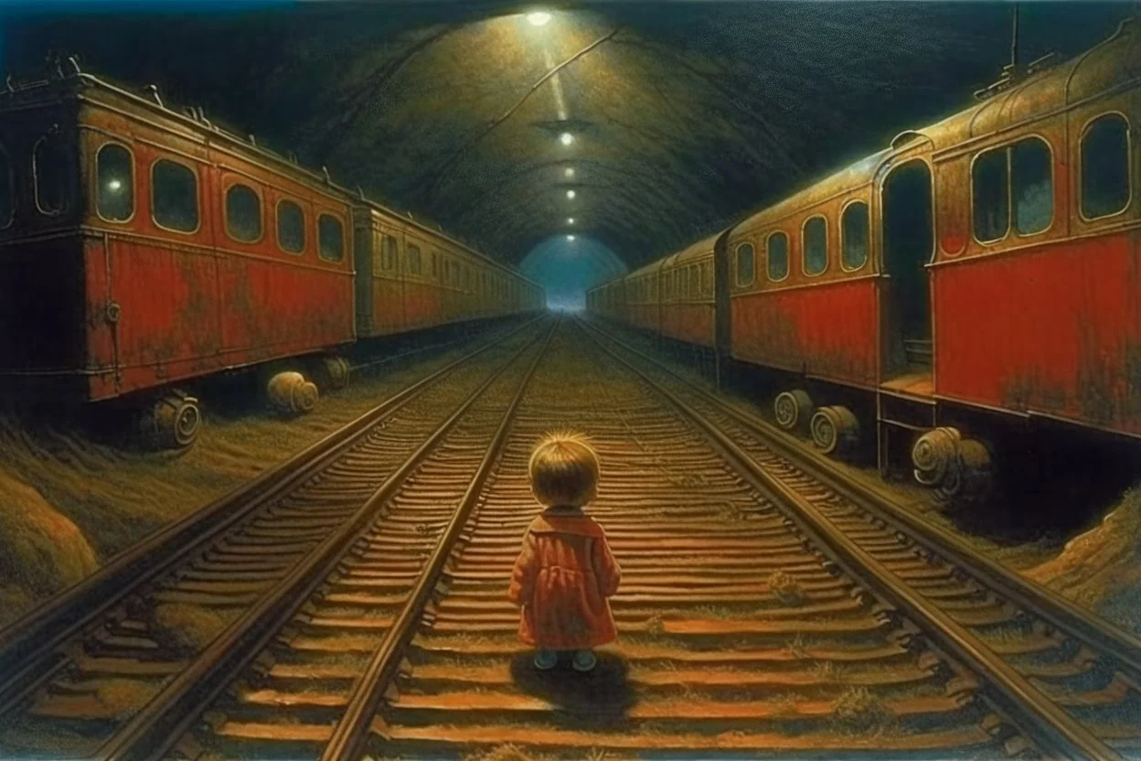 in a tunnel little girl is holding a teddy bear next to train tracks Zdzisław Beksiński