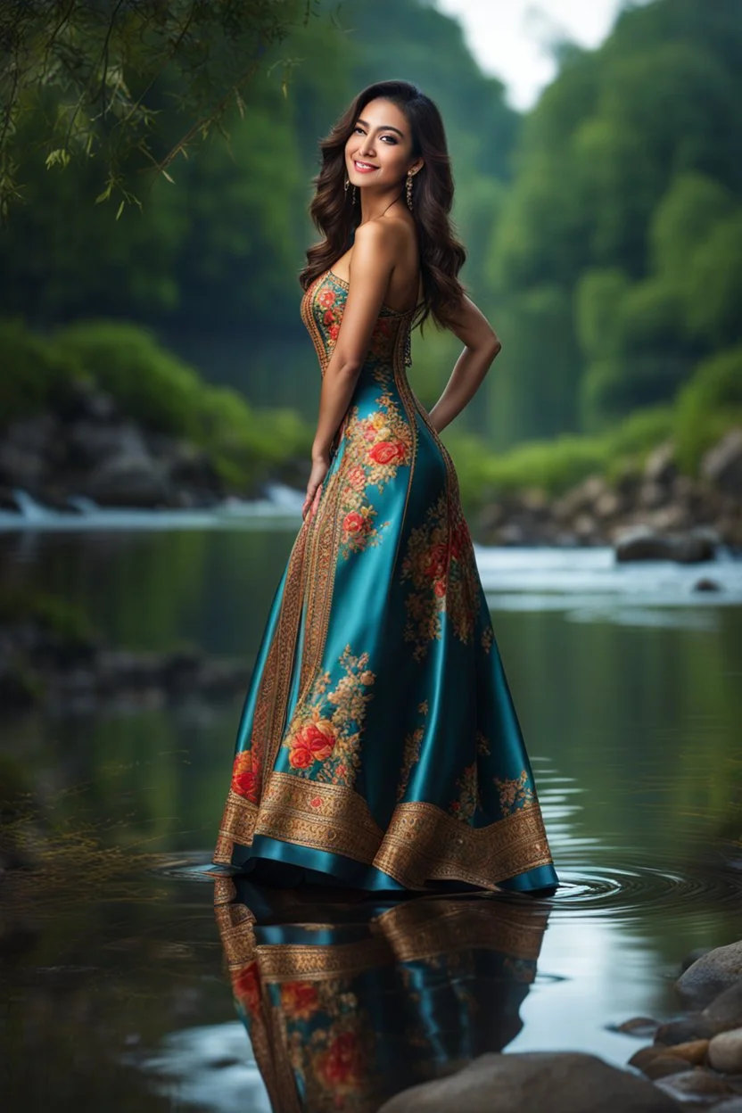 full shot body photo of the most beautiful artwork in the world featuring model, happy mood, High Detail, Sharp focus, dramatic, photo realistic, ultra sharp, ultra hd, hyper realistic, ultra realistic, ((((dress)))), trending on artstation, sharp focus, studio photo, intricate details, highly detailed, standing in nice pose in country side with river ,water fall ,rocky vally