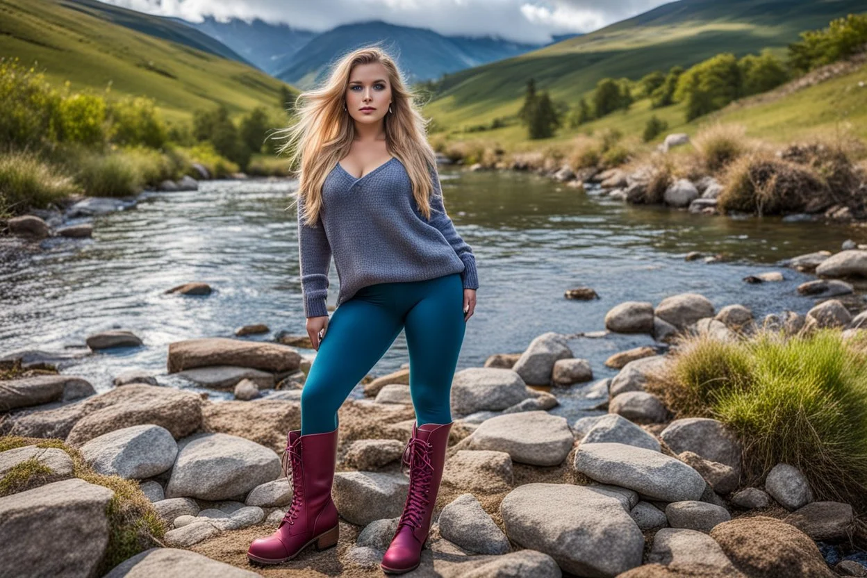 country side ,blue sky , mountains, pretty clouds ,small rocky river with clear water small rocks in floor,beautiful 18 year old girl with ash blonde hair and blue eyes with her curvy hair down, wearing a long-sleeved woollen top, and lilac long leggings, with long red boots full body standing pose shot