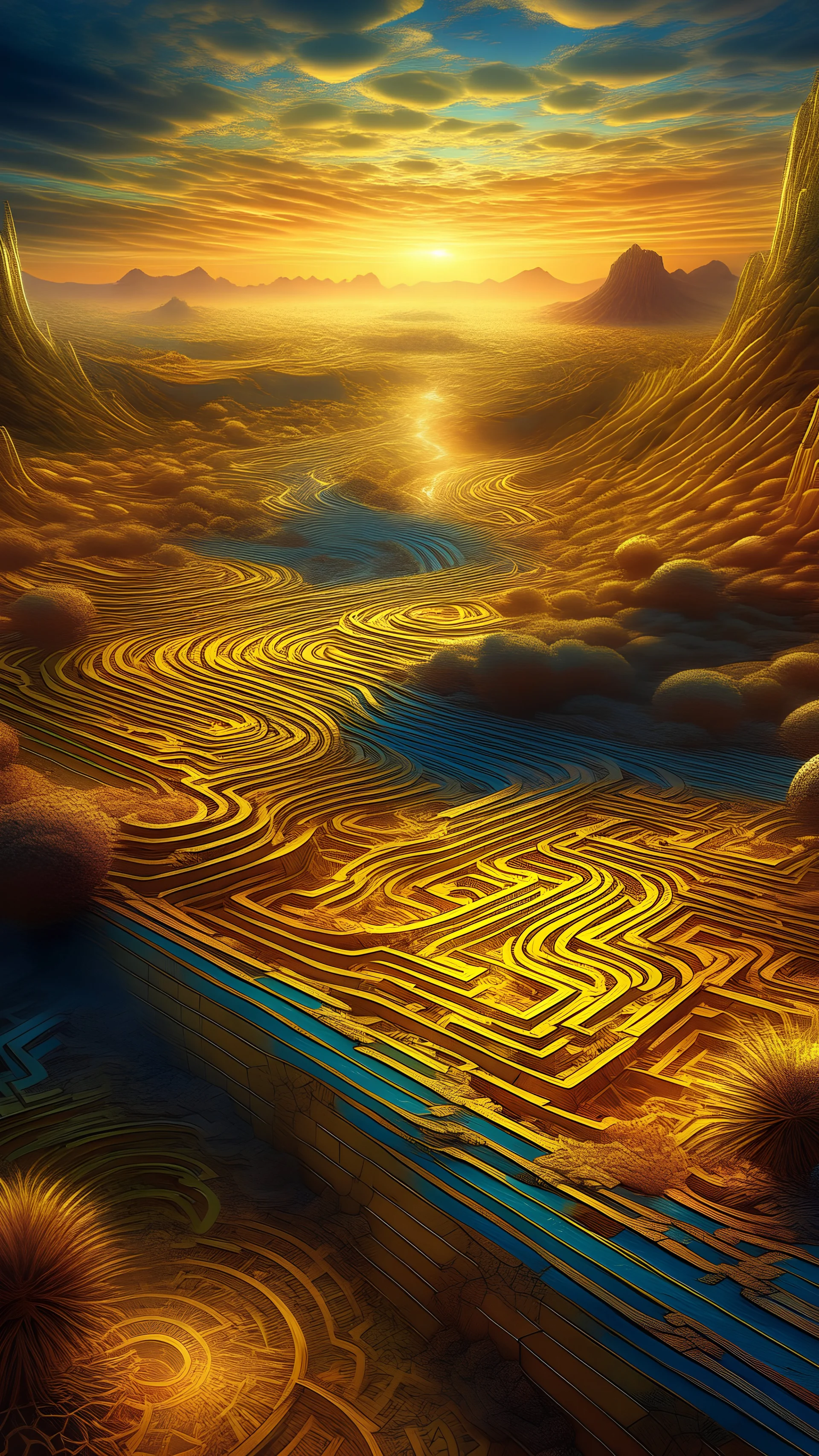 Mind maze , realistic and natural, detailed full-color, hd photography, fantasy by john stephens, galen rowell, david muench, james mccarthy, hirō isono, magical, detailed, gloss, beautiful, radiant, colorful, golden hour, cosmic, sunny, vapor, vibrant, flickering light