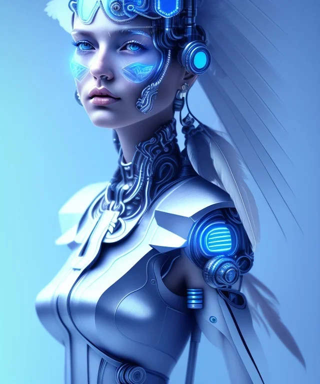 A beautiful portrait of a cute cyborg woman blue color scheme, high key lighting, volumetric light high details with white stripes and feathers and indian paterns and wimgs