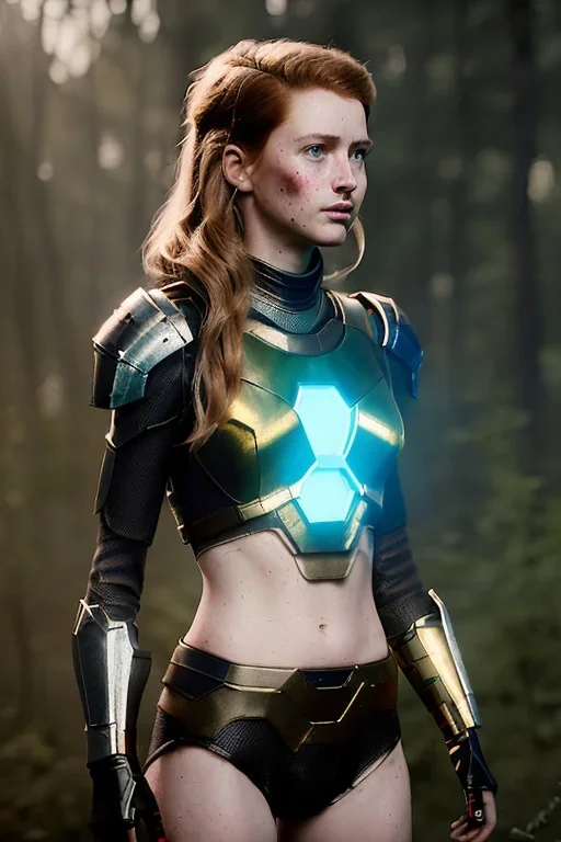 illustration, ultrarealistic, dynamic, concept art, strikingly beautiful (13 year old girl:1.2),_skimpy sci-fi armor_, Hair (long ginger:1.1), Face (freckles:1.2), body, medium breasts (light cleavage:1.2), tracing, ambient light, highres, (hyperrealistic:1.2), (perfect face:1.1), intricate (high detail:1.1) body, beautiful detailed eyes (emerald:1.3), _camera_, _pose_, plump lips ,sci-fi theme, Model hash: ddc3021b