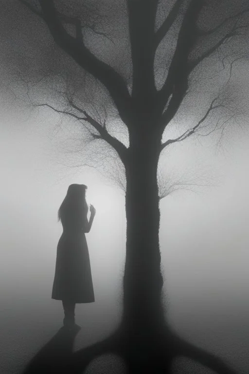 The Illusion of being in love , a shadow by the tree of sadness in the mist