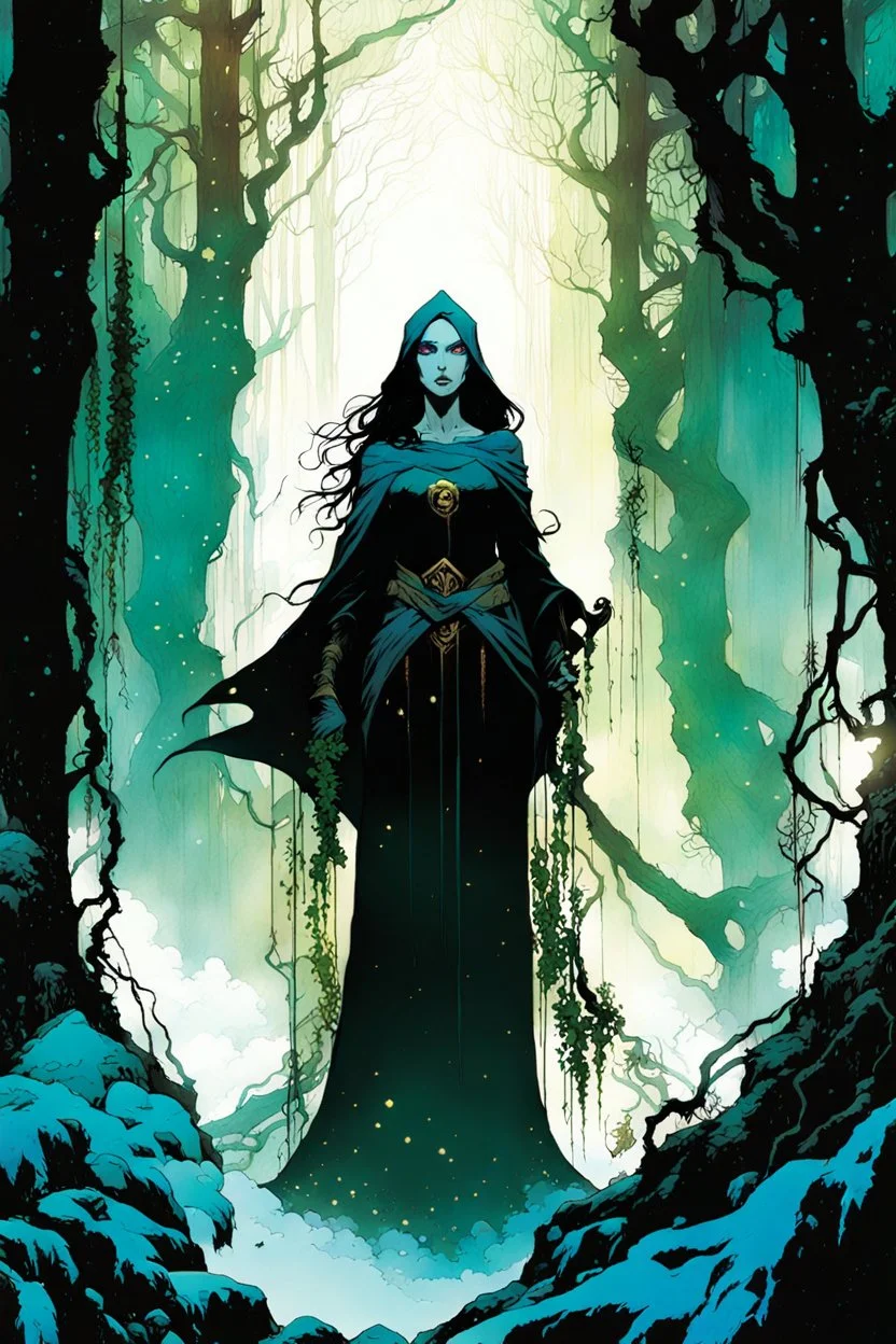 create a wildly conceptual illustration of sorceress coven gathering in an ethereal, otherworldly , darkened, ancient winter forest draped in hanging moss and climbing vines, in the comic book art style of Bill Sienkiewicz, Mike Mignola, Sparth, and Jean Giraud Moebius, finely drawn, colored and inked, suffused with dramatic natural light and shadow under a midnight blue moon