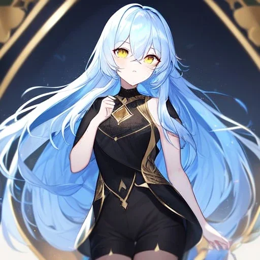 Clear focus, High resolution, Long light blue fluffy hair, hair between eyes, yellow eyes, wearing black fabric shorts, detailed outfit, blue and black outfit, gold accessory