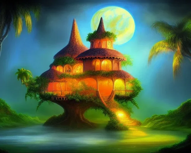 mystical house on a hot tropical island, fantasy art, surreal art,