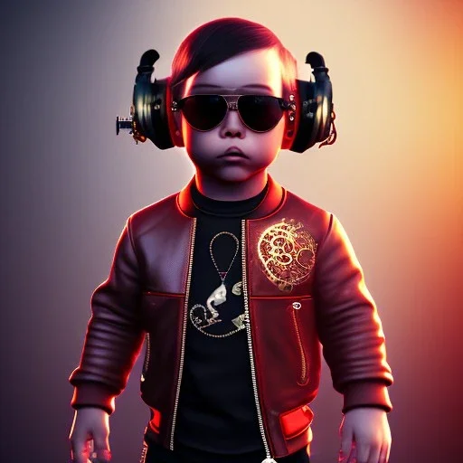 Monkey toddler, steampunk headphone, sunglass, gangsta neckless, full body, red leather jacket, tokio background, dramatic lighting, hyper realistic, unreal engine 5, 16k