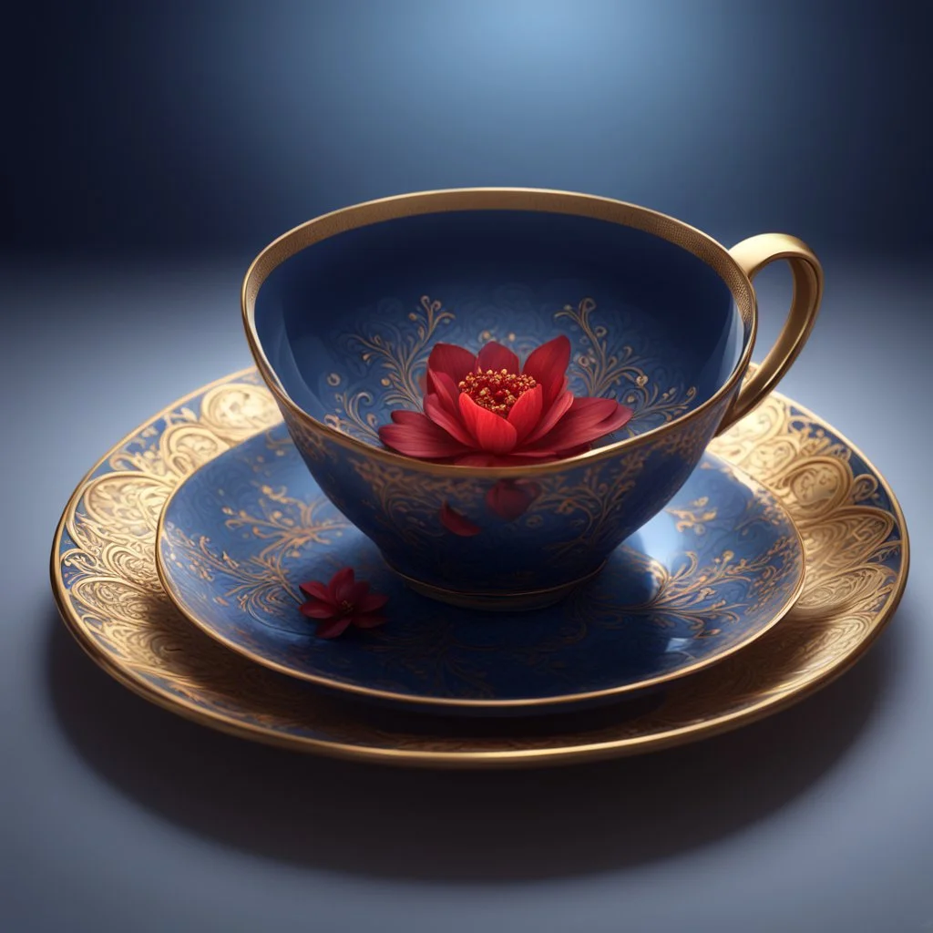 A midnight blue teacup with a gold rim and small red florets on a plate. Illustrative art, art interpretation, concept art, cgsociety contest winner, seasonal art, seasonal art HD, 4k, 8k, intricate, detailed, intricately detailed, luminous, translucent fantasy crystal, holographic data, soft body, shadow play, light, fog, atmospheric, cinematic, light film, hyper-detailed, hyper-realistic, masterpiece, atmospheric, high resolution, 8k, HDR, 500px, mysterious and artistic digital art, phototic,