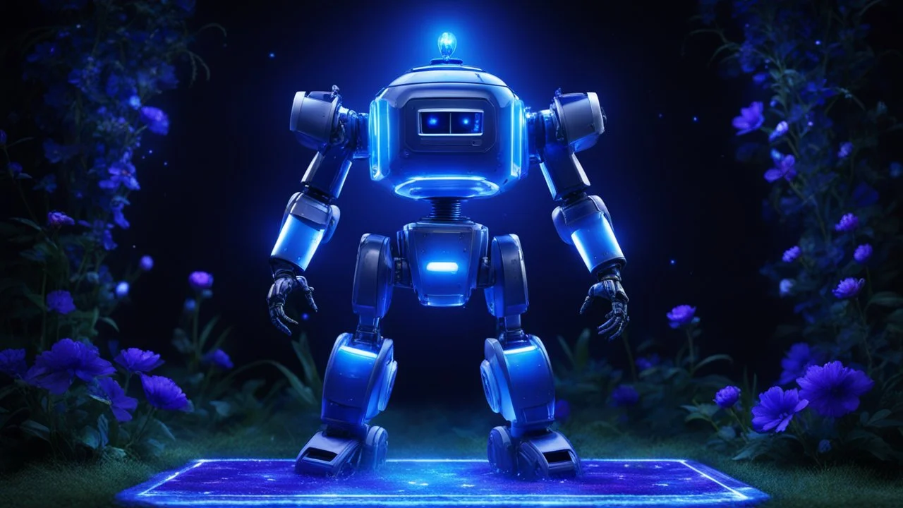 magic brightness piramidal robot coloured of dark and bluebeam with a vertical light in the the interior. the bakground is in a fairy dark lawn with blue and black flowers, big dolen and a with lightness night