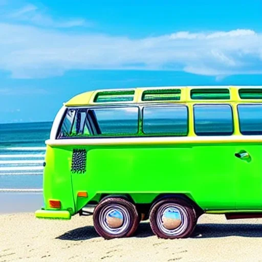 old Volkswagen partyvan, green color van, funny colored, partyvan on the beach, sunny beach, sunny weather