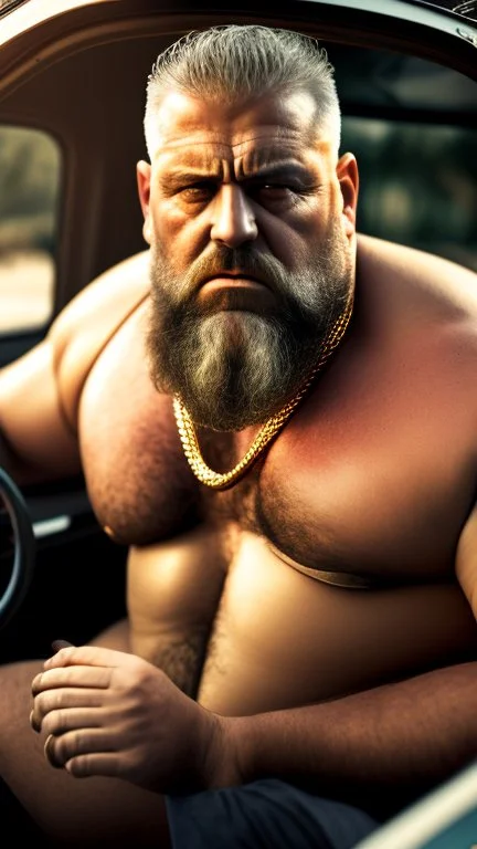 full body shot photography of an Italian sicilian taxi driver burly ugly sitting in the taxi, chubby tired 45 years old driving shirtless, bullneck, thin gold chains, short beard, sweat, short hair, bulge, robust, manly chest, looking down, big shoulders,, photorealistic, side light, ambient occlusion, tired eyes. 35mm lens, internal view inside the Taxi