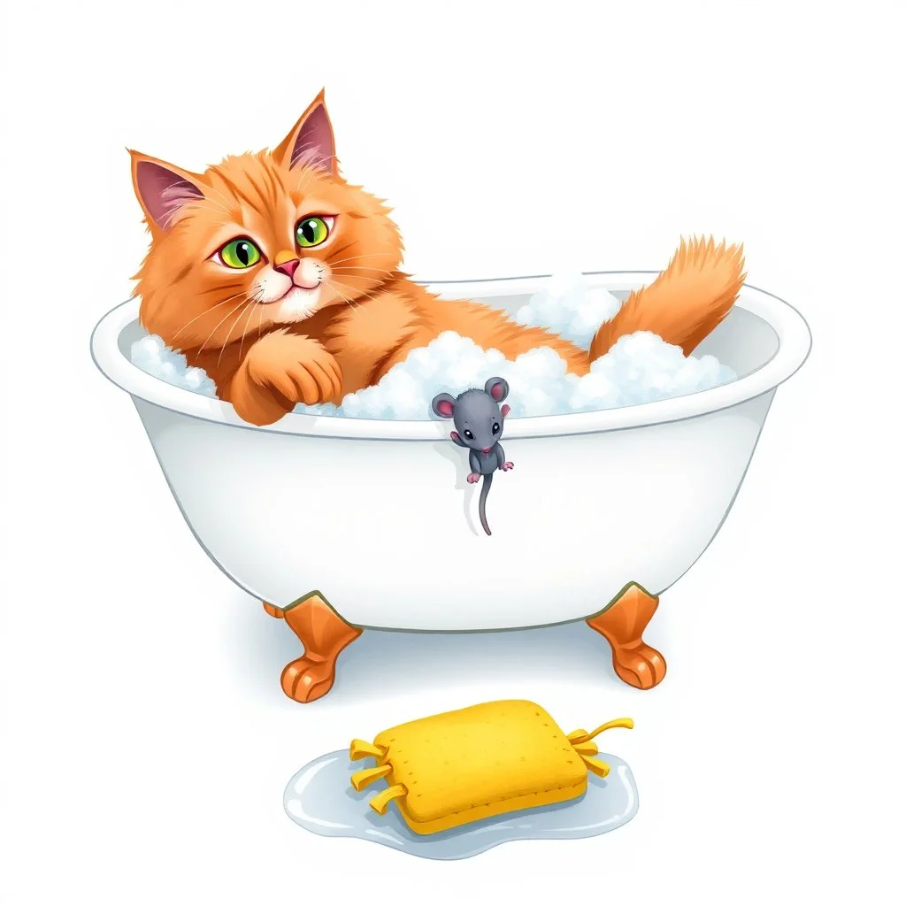 A red fluffy cat sitting in a bathtub filled with water with lots of bath foam and a small grey mouse in its hand. On the floor lies a yellow bath sponge in a small puddle of water. Everything on a white background to be removed.