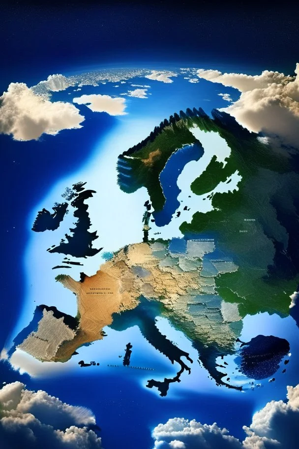 European countries are viewed from space, roads, cities, signs are visible. Highlight the names of the countries on the map. The clouds are naturalistic