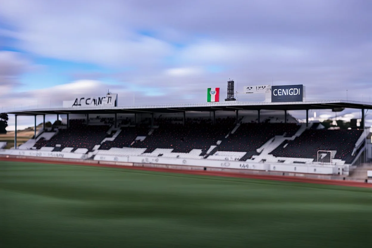 White neon light spells out work "ACF", stadium in Alentejo from Portugal, Shot on Canon EOS R5, 50mm lens, depth of field, shutter speed 1/ 1000, f/ 2. 8, white balance, 6000k. High resolution, realistic details, HDR efects, film grain, 4K. –ar 16: 10 –