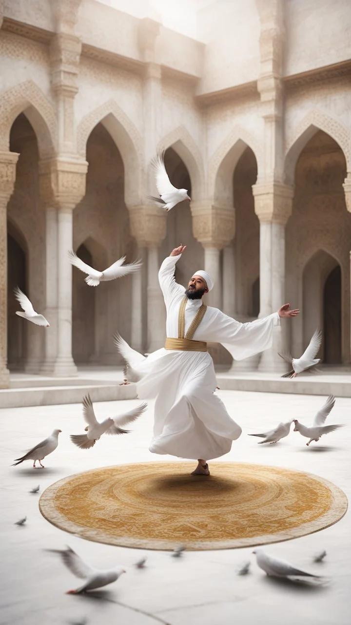 Hyper Realistic Sufi Whirling on stone floor with white & Golden Islamic Sufi Rustic Grungy Background outside white marble Islamic monument with pigeons flying