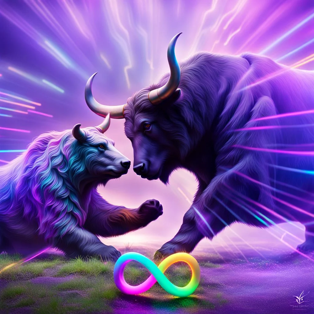 brightly coloured 3D infinity symbol ∞, bull with horns on right fighting with a bear on left, bull is winning, DSLR with a 80mm lens f/16 and a slow shutter speed of 1/15s, realistic photograph, striking, neon, vibrant, chiaroscuro, dramatic, captivating, high-tech, powerful, fantasy, beautiful, octane render, 16k post-production, award-winning photo: atmospheric: commanding: clarity: ultra quality: striking: brilliance: stunning colors: amazing depth