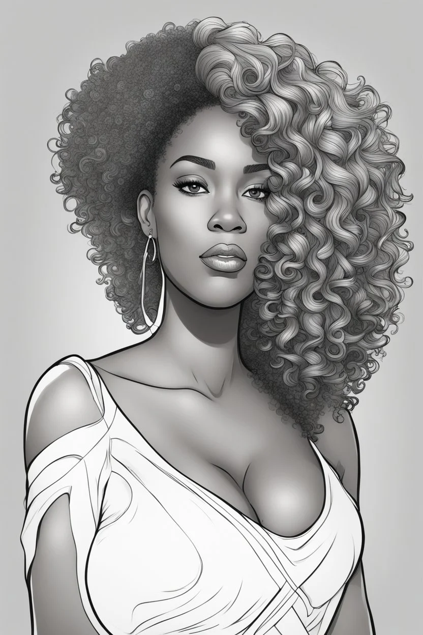 Create a coloring page of a beautiful curvy black female looking to the side with curly hair. No shading, No color, clean lines