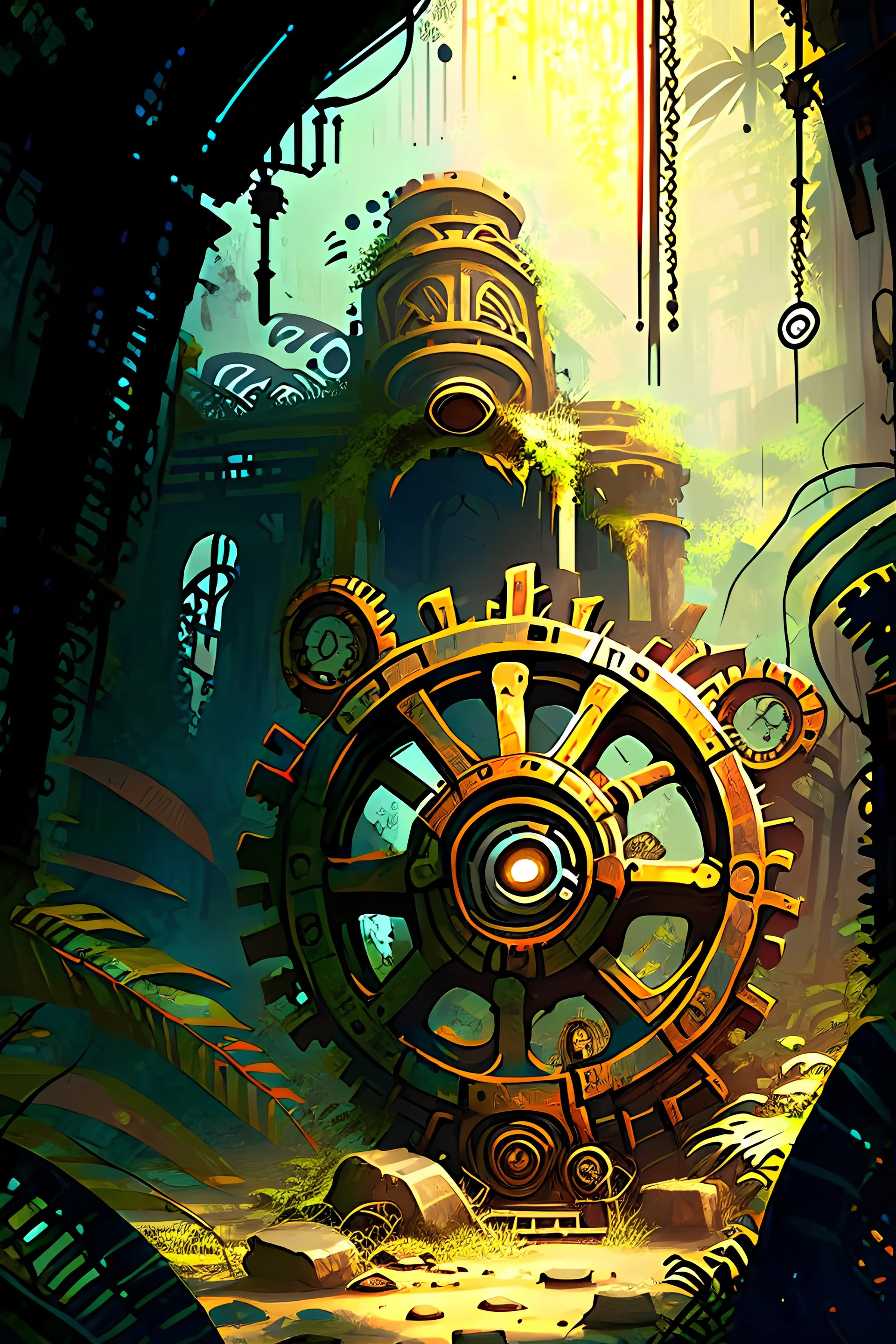 Jungle adventure ruins with huge steampunk gears painterly rpg art