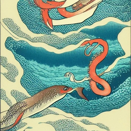 Ukiyo-e style illustration of ocean scene underwater, giant squid, high detail