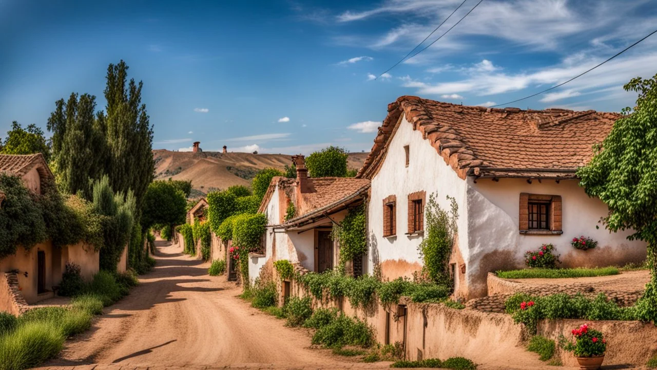 old village houses, European village, dirt road, the last house on the street is the oldest, with an old roof, adobe house, rose bushes in front of the house street photo, cloudy sky