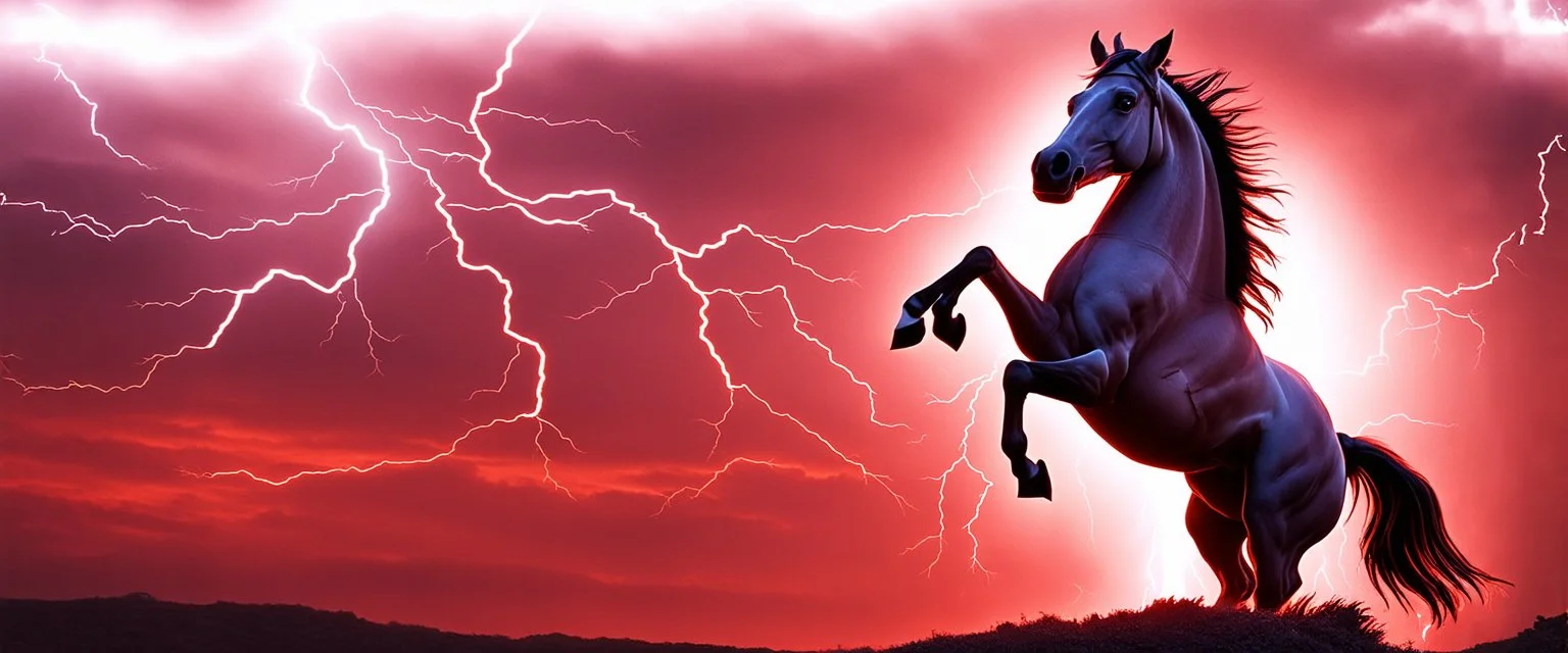 full silhouette of a horse rearing up(on left side, outlined by lighting), red sky, lightning bolts(wide from top right to bottom left), speed force
