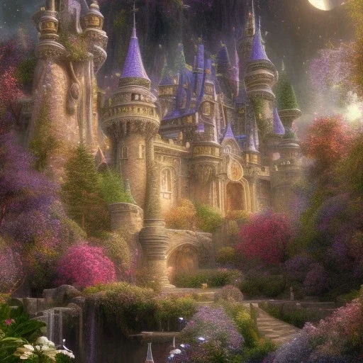 8K realistic dreamscape with magical castle, Cascades of bright flowers, majestic, intricate, masterpiece, insanely detailed, cinematic smooth, intricate details , soft smooth lighting, soft smooth pastel colors, iridescent accents