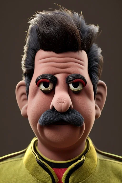 Waist up muppet Portrait, Nicolas maduro us muppet doll, black hair, Venezuelan president, red and yellow tracksuit, mustache, photo studio, background, unreal engine 5, concept art, art station, ray tracing, lumen lighting, ultra detail, volumetric lighting, 3d.