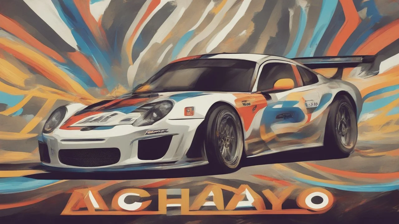 "I'm looking for a visually striking poster for the 'Achayo Motorsport Extravaganza.' The main focus should be a high-performance race car prominently featuring the 'Achayo' logo. The color palette should be vibrant and energetic, with dynamic elements like racing tracks or speed lines to convey motion. Include cheering crowds or spectators in the background to amplify the excitement. Use bold typography for the event name and incorporate checkered flags, racing helmets, and other motorsport-rel