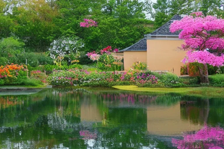 castello trasparente con bordi dorati e fiori rosa con laghetto davanti con profondita'