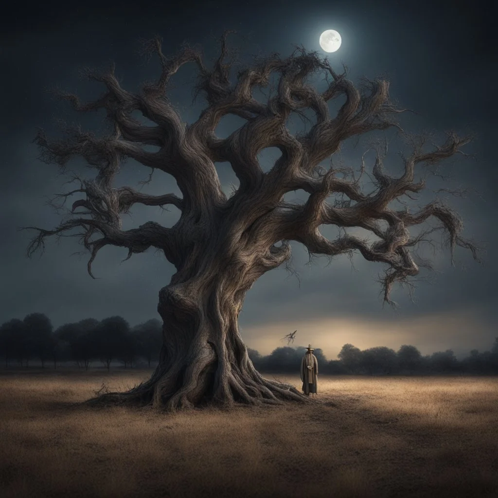 Hyper Realistic Field & dry old tree at night with scarecrow