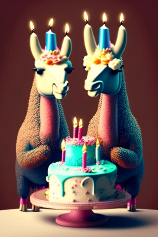 Two lamas are having a birthday cake