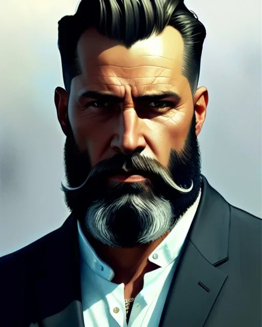 "MIddle aged white human male, with a trimmed but uneven beard, piercing eyes with slick back hair, full-scale head and shoulders portrait, 8k resolution concept art portrait by Greg Rutkowski, Artgerm, WLOP, Alphonse Mucha dynamic lighting hyperdetailed intricately detailed Splash art trending on Artstation triadic colors Unreal Engine 5 volumetric lighting Splash art fantasy"