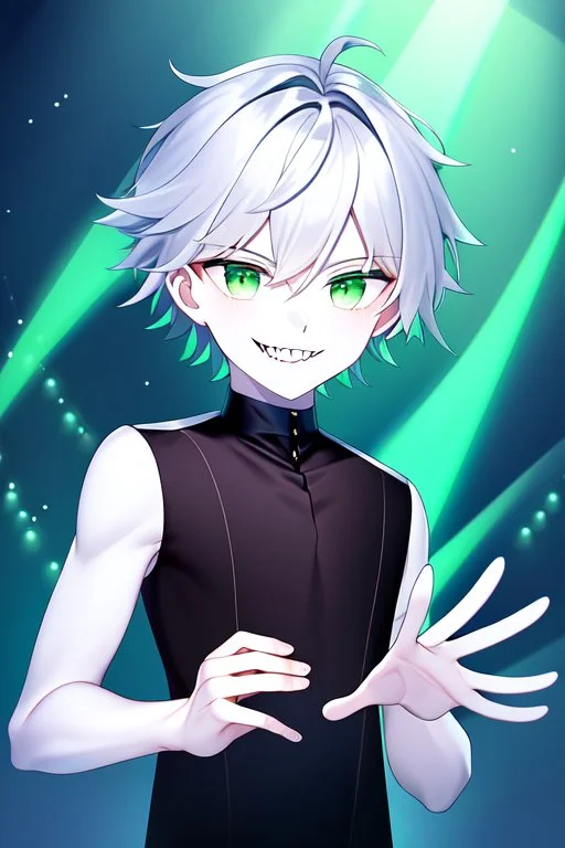 plauge doctor in balck leather clothes with silver hair, pale skin and bright green eyes smiling with sharp teeth, nice young face, male, viscious smile