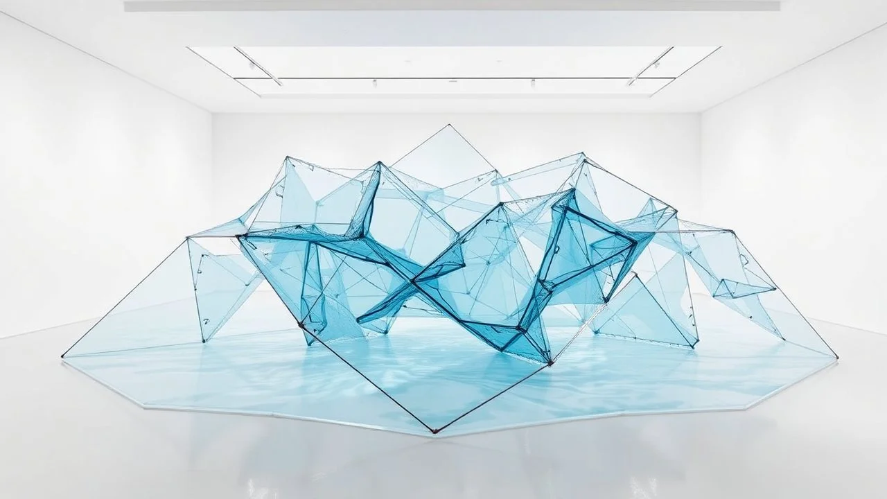 Abstract water sculpture forming geometric patterns in a minimalist white gallery, illuminated by soft, diffused lighting.
