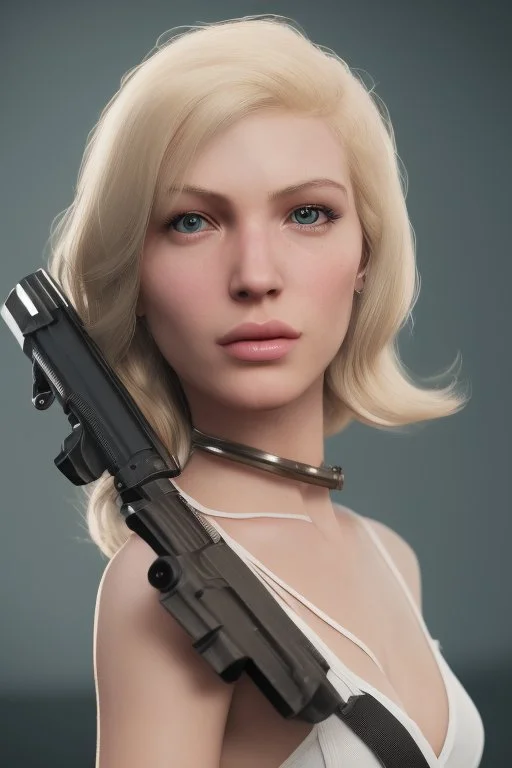 blonde woman with gun, photo realistic, highly detailed, high contrast, extremely sharp detail