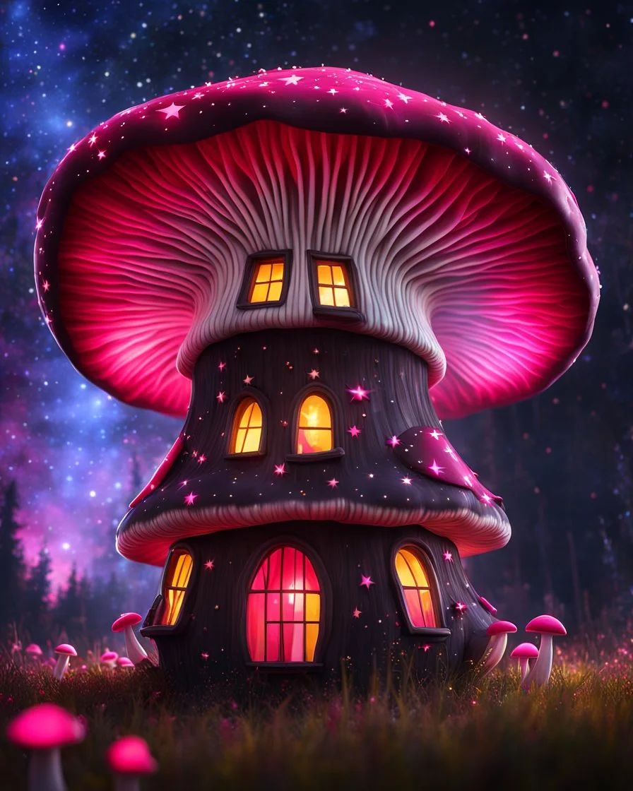 An illogically floating mushroom house on a clear night. white yellow pink red, Stars Dark cosmic interstellar. Detailed Matte Painting, deep color, fantastical, intricate detail, splash screen, hyperdetailed, insane depth, concept art, 8k resolution, trending on Artstation, Unreal Engine 5, color depth, backlit, splash art, dramatic, High Quality Whimsical Fun Imaginative Bubbly, perfect composition